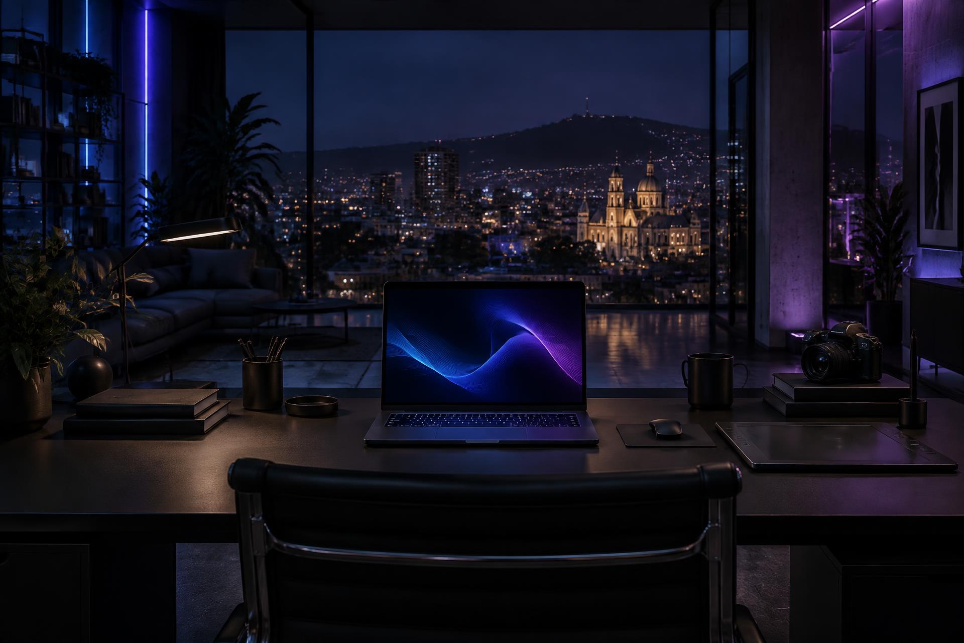 Estudio creativo digital nocturno con una notebook frente a la ciudad de Córdoba